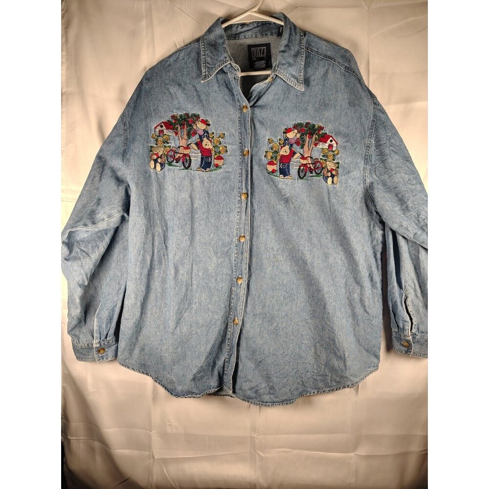 Vtg Quizz Again Denim Shirt Embroidered Button Down Bears Small 90s Y2K